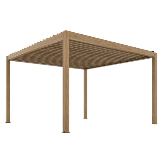 Pergola ogrodowa 4x4 Velaro kolor drewna, elektryczny dach, z oświetleniem LED