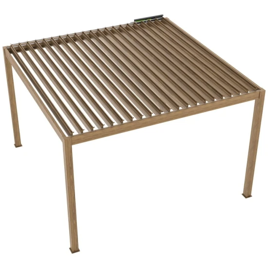 Pergola ogrodowa 4x4 Velaro kolor drewna, elektryczny dach, z oświetleniem LED