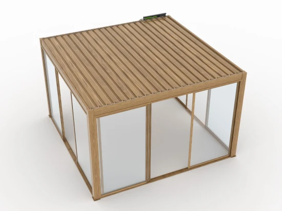 Pergola ogrodowa 4x4 Velaro kolor drewna, elektryczny dach, z oświetleniem LED
