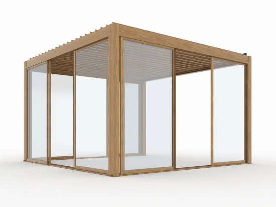 Pergola ogrodowa 4x4 Velaro kolor drewna, elektryczny dach, z oświetleniem LED