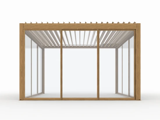Pergola ogrodowa 4x4 Velaro kolor drewna, elektryczny dach, z oświetleniem LED