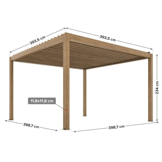 Pergola ogrodowa 4x4 Velaro kolor drewna, elektryczny dach, z oświetleniem LED
