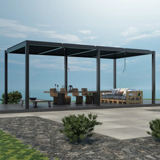 Ogrodowa pergola 580 x 400 x 250 cm aluminiowa L czarna, manualny dach, oświetlenie LED