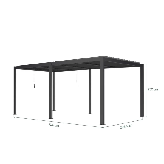 Ogrodowa pergola 580 x 300 x 250 cm aluminiowa L, czarna, manualny dach, oświetlenie LED