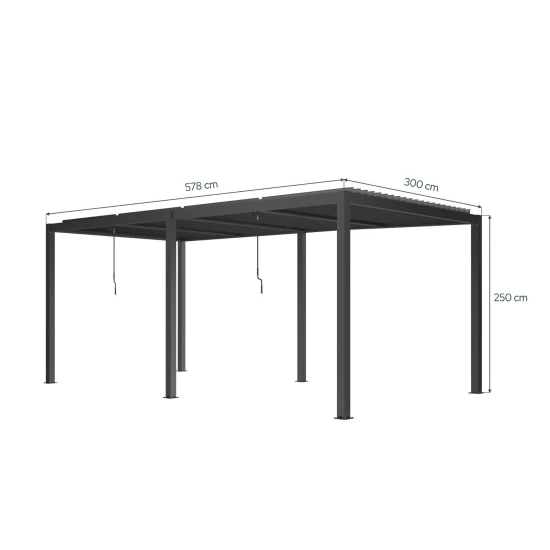 Ogrodowa pergola 580 x 300 x 250 cm aluminiowa L, czarna, manualny dach, oświetlenie LED