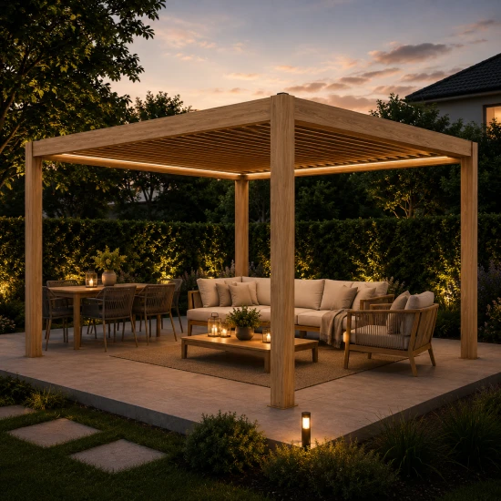 Pergola ogrodowa 4x4 Velaro kolor drewna, elektryczny dach, z oświetleniem LED