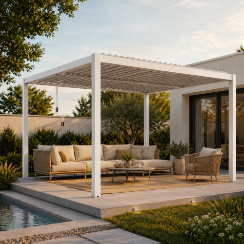 Ogrodowa pergola 3m x 4m aluminiowa VELARO biała, manualny dach, oświetlenie LED