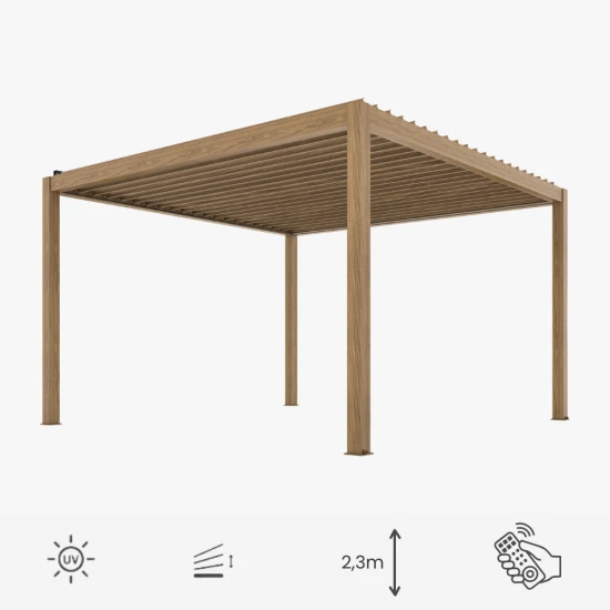 Ogrodowa pergola 4 x 4 x 2,3 m aluminiowa VELARO kolor drewna, elektryczny dach, oświetlenie LED.png