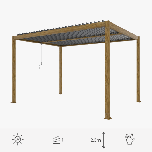 _Ogrodowa pergola 3 x 3 x 2,3 m aluminiowa VELARO kolor drewna, czarny manualny dach, oświetlenie LED.png