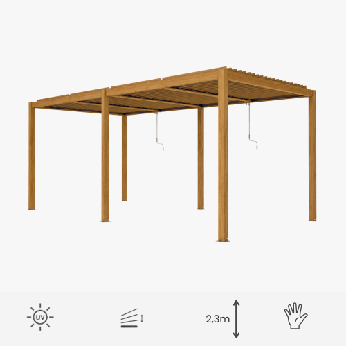 Ogrodowa pergola 5,8 x 3 x 2,3m aluminiowa VELARO kolor drewna, manualny dach, oświetlenie LED.png