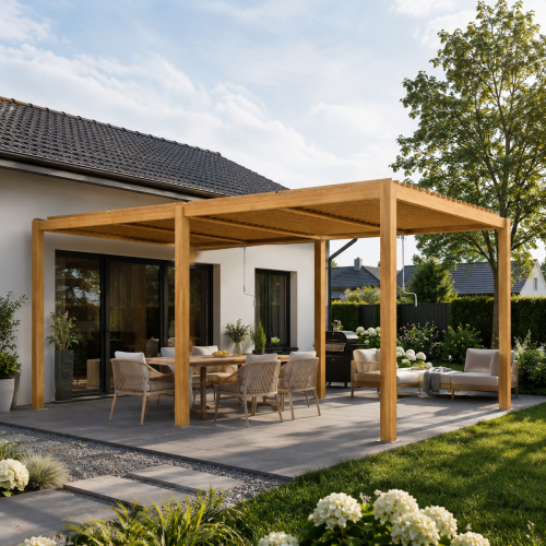 Ogrodowa pergola 5,8 x 3 x 2,3m aluminiowa VELARO kolor drewna, manualny dach, oświetlenie LED