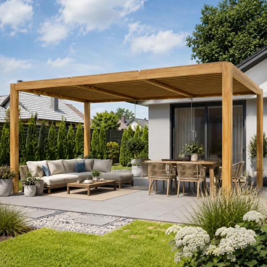 Ogrodowa pergola 5,8 x 3 x 2,3m aluminiowa VELARO kolor drewna, manualny dach, oświetlenie LED