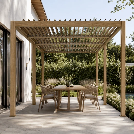 Ogrodowa pergola 5,8 x 3 x 2,3m aluminiowa VELARO kolor drewna, manualny dach, oświetlenie LED