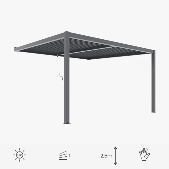 Przyścienna pergola 4 x 3 x 2,5m aluminiowa czarna, manualny dach, oświetlenie LED