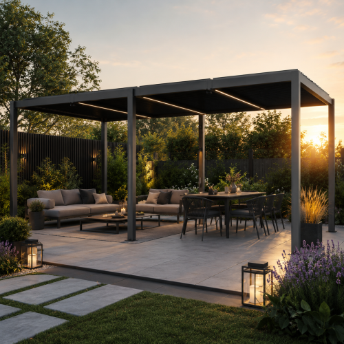 Ogrodowa pergola 580 x 300 x 250 cm aluminiowa L, czarna, manualny dach, oświetlenie LED