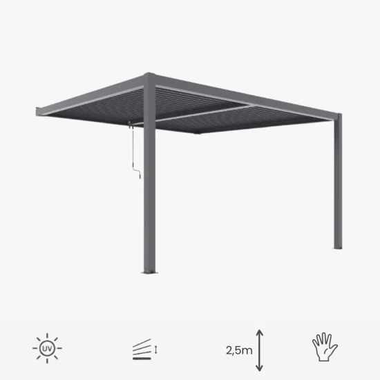 Przyścienna pergola 4 x 4 x 2,5m aluminiowa czarna, manualny dach, oświetlenie LED