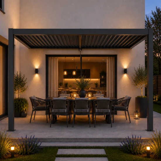 Przyścienna pergola 4 x 4 x 2,5m aluminiowa czarna, manualny dach, oświetlenie LED