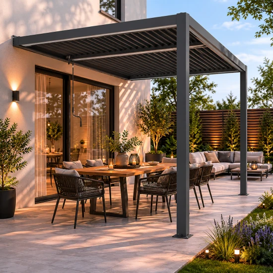 Przyścienna pergola 4 x 4 x 2,5m aluminiowa czarna, manualny dach, oświetlenie LED