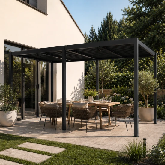 Ogrodowa pergola 580 x 400 x 250 cm aluminiowa L czarna, manualny dach, oświetlenie LED