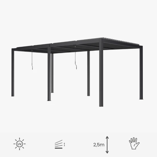 Ogrodowa pergola 580 x 400 x 250 cm aluminiowa L czarna, manualny dach, oświetlenie LED