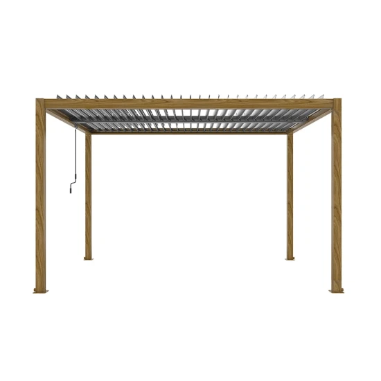 Ogrodowa pergola 400 x 400 x 250 cm aluminiowa L, kolor drewna, manualny dach, oświetlenie LED