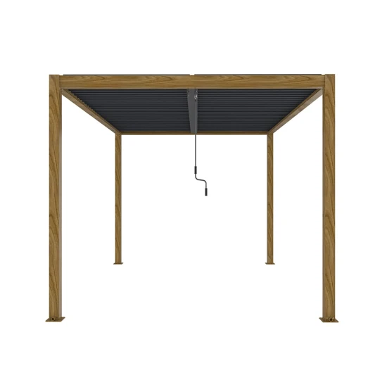 Ogrodowa pergola 400 x 400 x 250 cm aluminiowa L, kolor drewna, manualny dach, oświetlenie LED