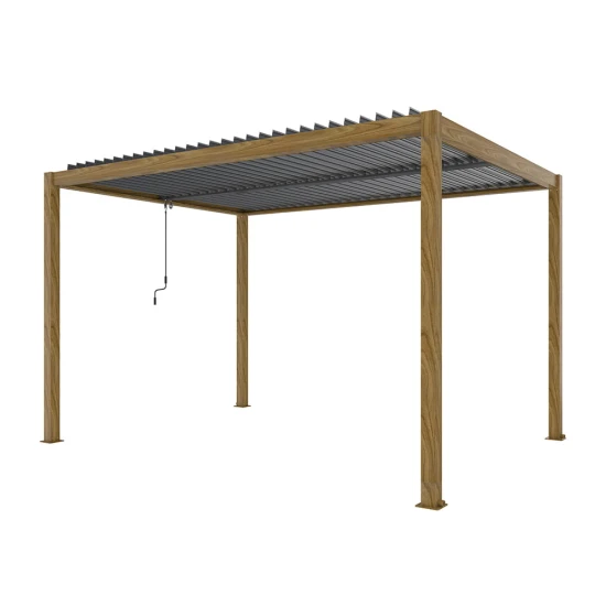 Ogrodowa pergola 400 x 400 x 250 cm aluminiowa L, kolor drewna, manualny dach, oświetlenie LED