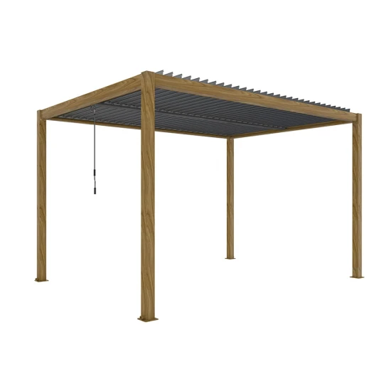 Ogrodowa pergola 400 x 400 x 250 cm aluminiowa L, kolor drewna, manualny dach, oświetlenie LED