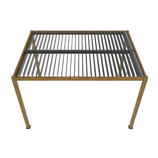 Ogrodowa pergola 400 x 400 x 250 cm aluminiowa L, kolor drewna, manualny dach, oświetlenie LED