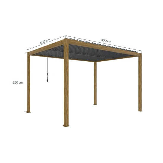 Ogrodowa pergola 400 x 400 x 250 cm aluminiowa L, kolor drewna, manualny dach, oświetlenie LED