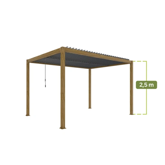 Ogrodowa pergola 400 x 400 x 250 cm aluminiowa L, kolor drewna, manualny dach, oświetlenie LED