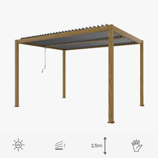 Ogrodowa pergola 400 x 400 x 250 cm aluminiowa L, kolor drewna, manualny dach, oświetlenie LED