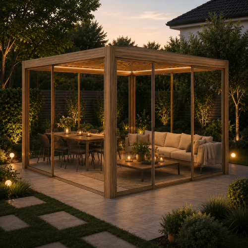 Ogrodowa pergola 400 x 400 x 250 cm aluminiowa L, kolor drewna, manualny dach, oświetlenie LED