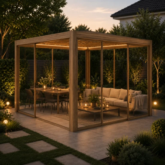 Ogrodowa pergola 400 x 400 x 250 cm aluminiowa L, kolor drewna, manualny dach, oświetlenie LED